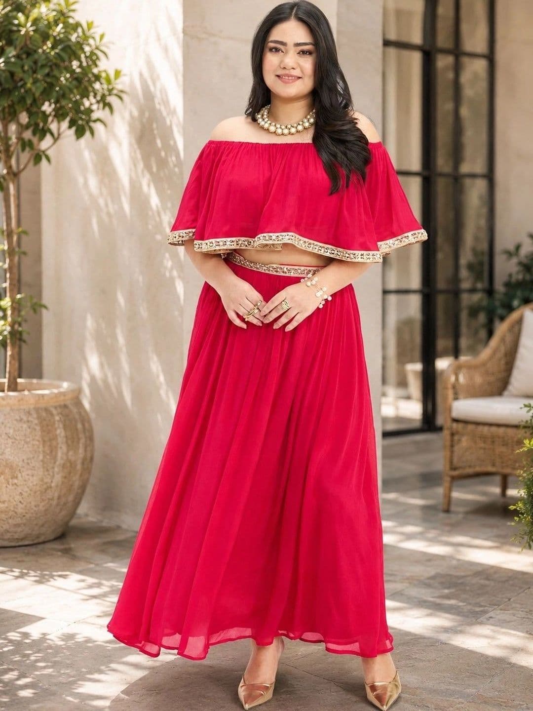 Virgio Women Solid Viscose Flared Lace Plus Size Maxi Skirt - view 1