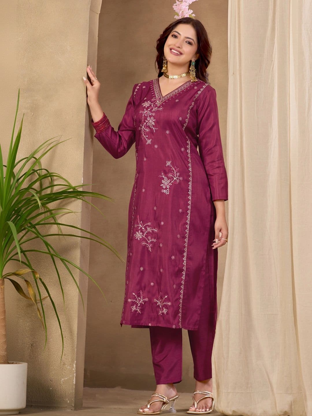 Sangria Floral Embroidered Tunic with Trousers - view 1