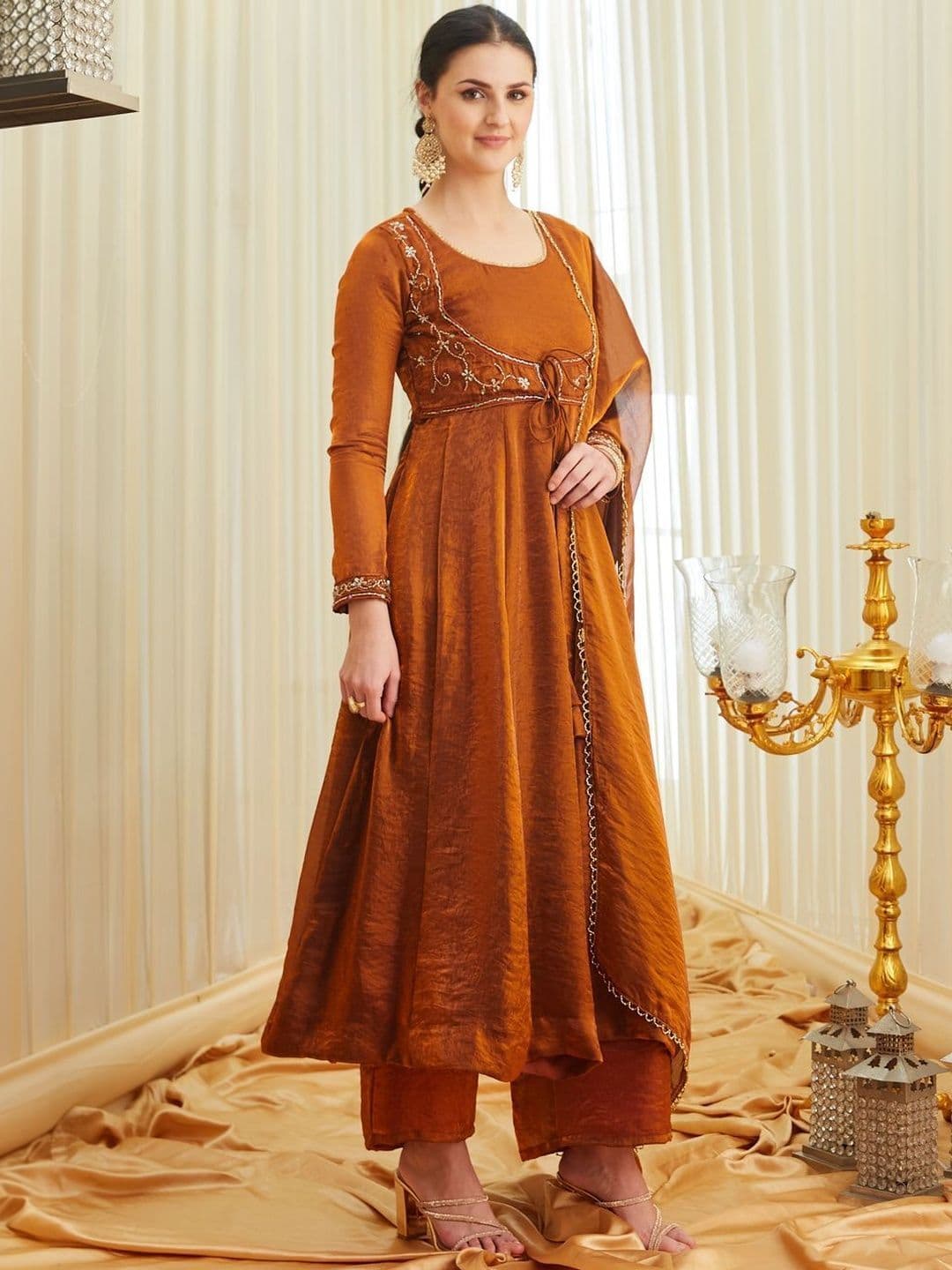 Colors  of Earth Colors of Earth Silk Embroidered Beadswork Anarkali Kurta Palazzo Set With Dupatta thumbnail 5