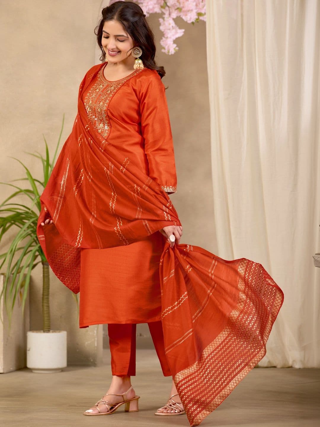 Sangria Women Ethnic Motifs Embroidered Regular Kurta with Trousers & With Dupatta thumbnail 2