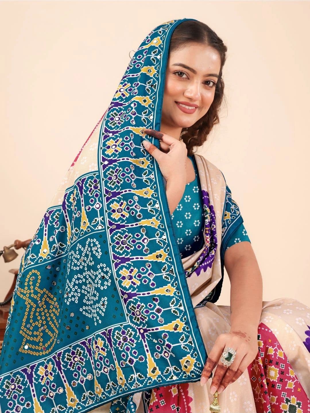 LAVYANSH CREATION Ajrak Block Mirror Work Silk Blend Patola Saree thumbnail 3
