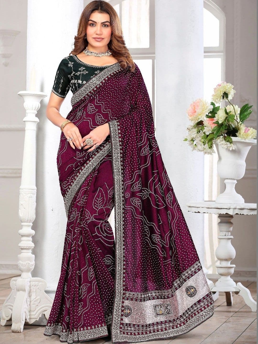 SmileyFashion Embellished Embroidered Art Silk Designer Saree thumbnail 4