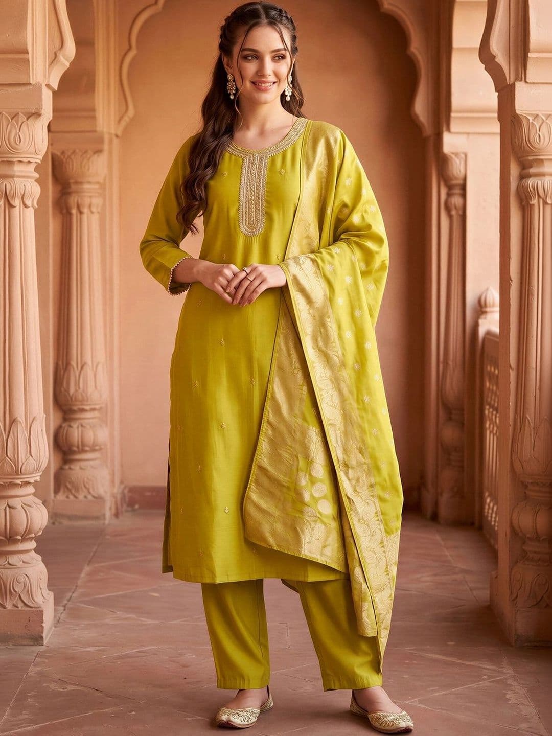 Indo Era Women Ethnic Motifs Embroidered Regular Thread Work Kurta with Trousers & With Dupatta thumbnail 6