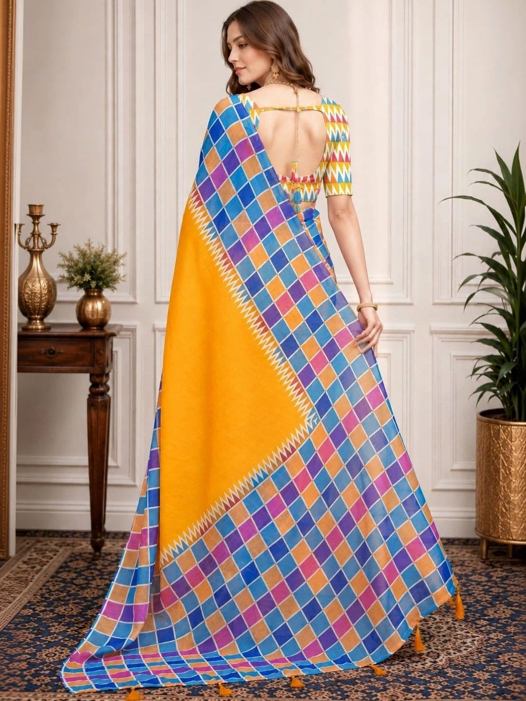 V3 FASHION STUDIO Checked Zari Linen Blend Handloom Block Print Saree thumbnail 2