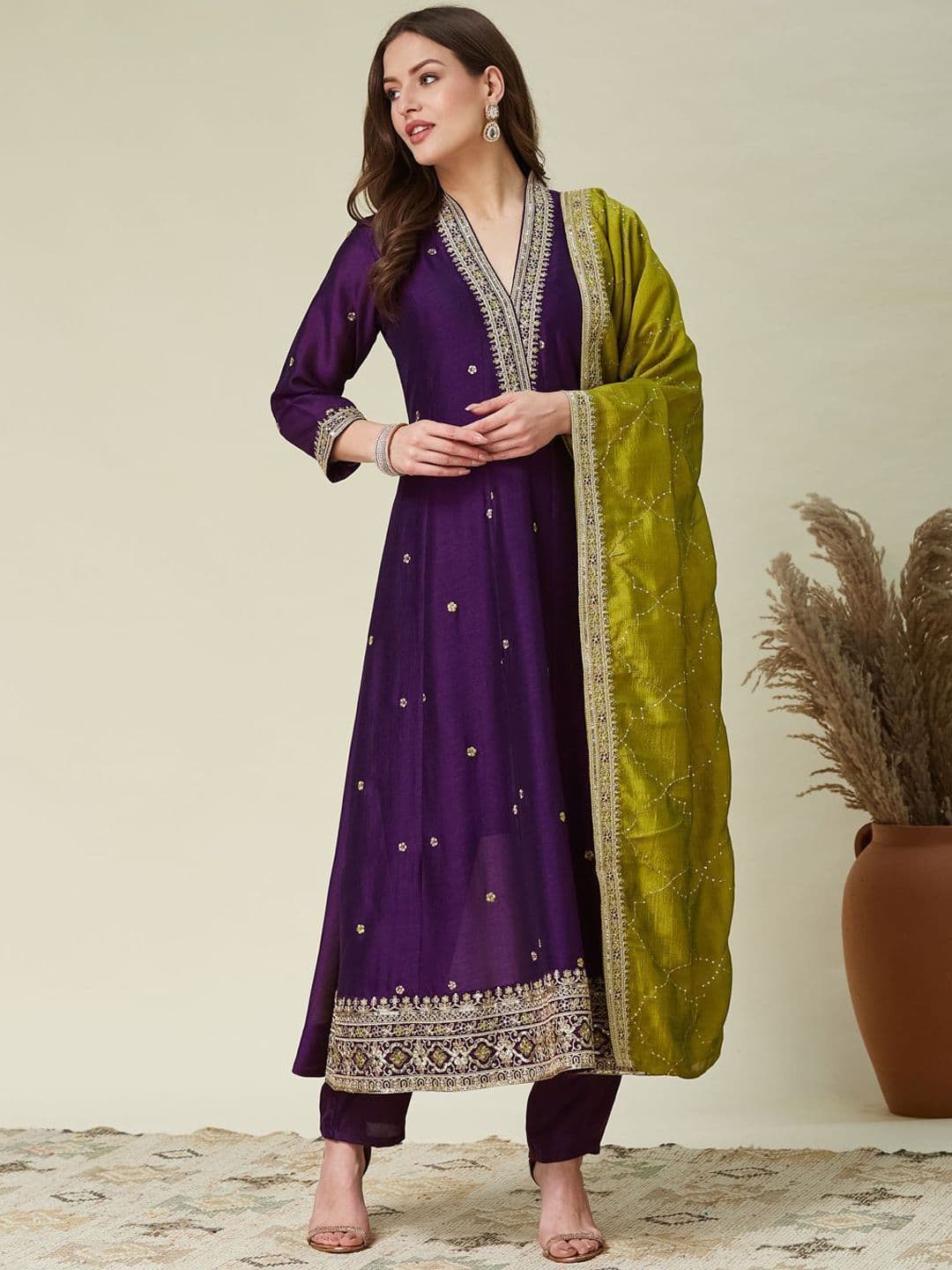 MOKOSH Women Silk Embroidered Anarkali Kurta and Pant with Dupatta Set - view 1