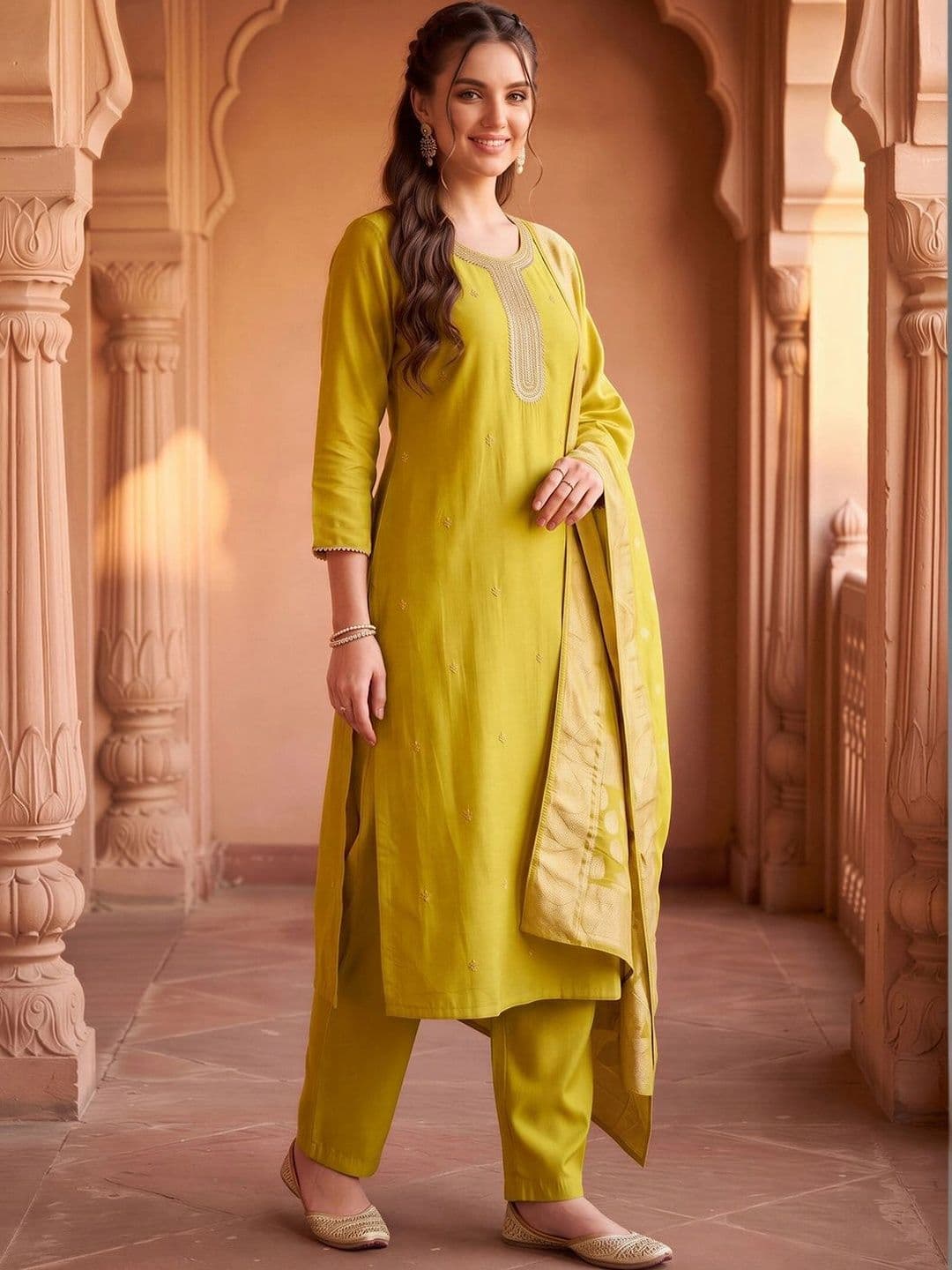 Indo Era Women Ethnic Motifs Embroidered Regular Thread Work Kurta with Trousers & With Dupatta - view 1