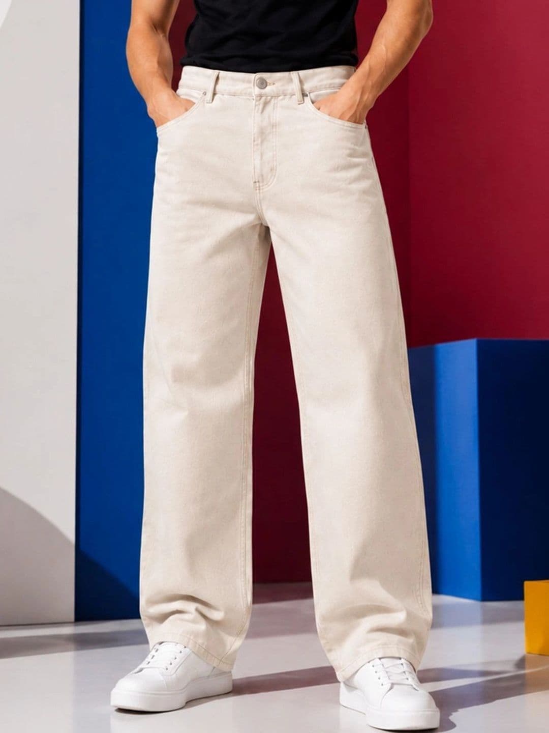 HERE&NOW Men's Beige Solid Mid-Rise Wide-Leg Jeans - view 1