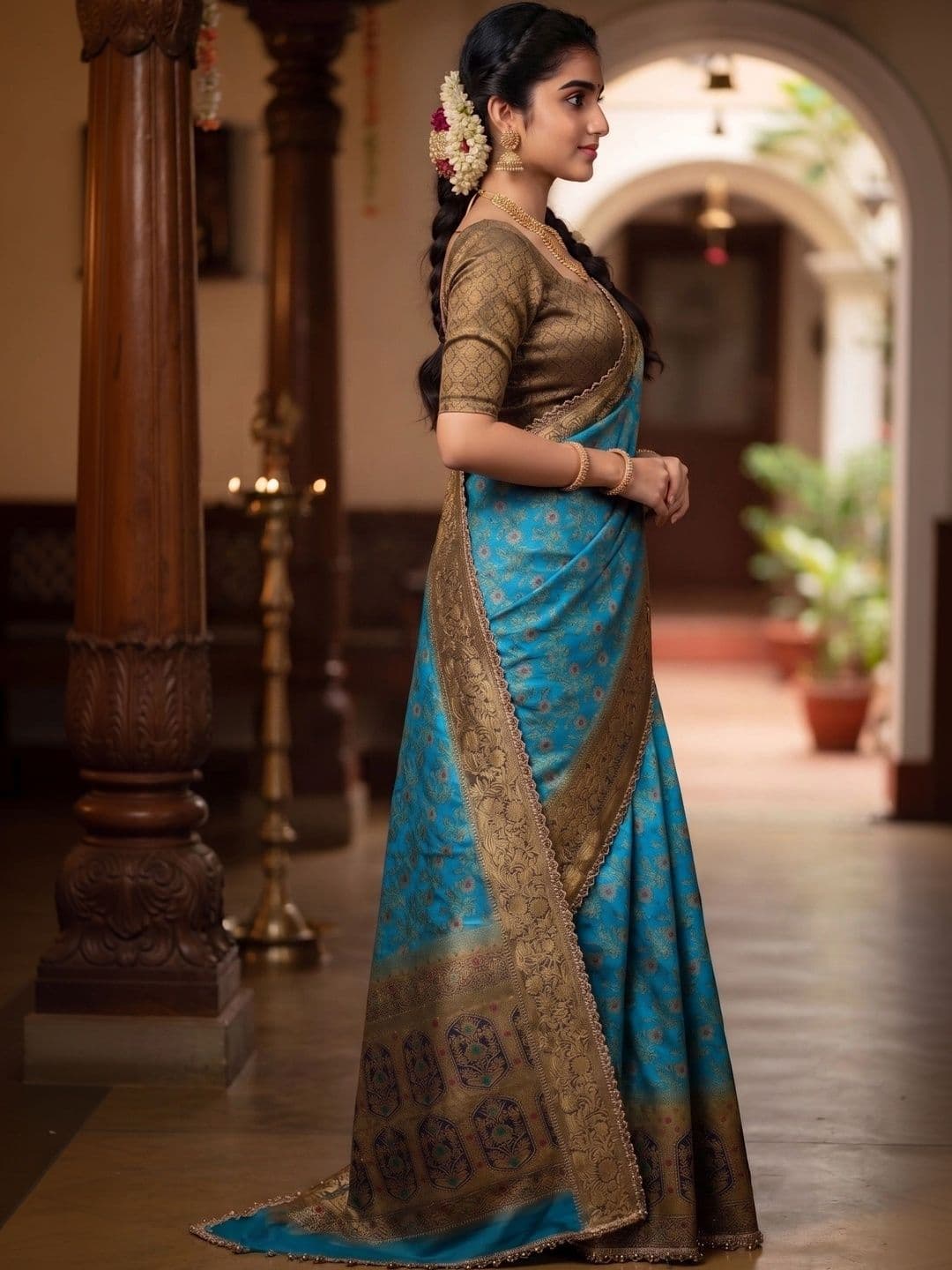 VILLE FASHION Floral Woven Design Zari Art Silk Kanjeevaram Saree thumbnail 3
