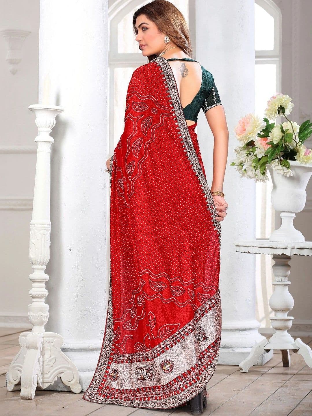 SmileyFashion Bandhani Embroidered Art Silk Designer Saree thumbnail 3