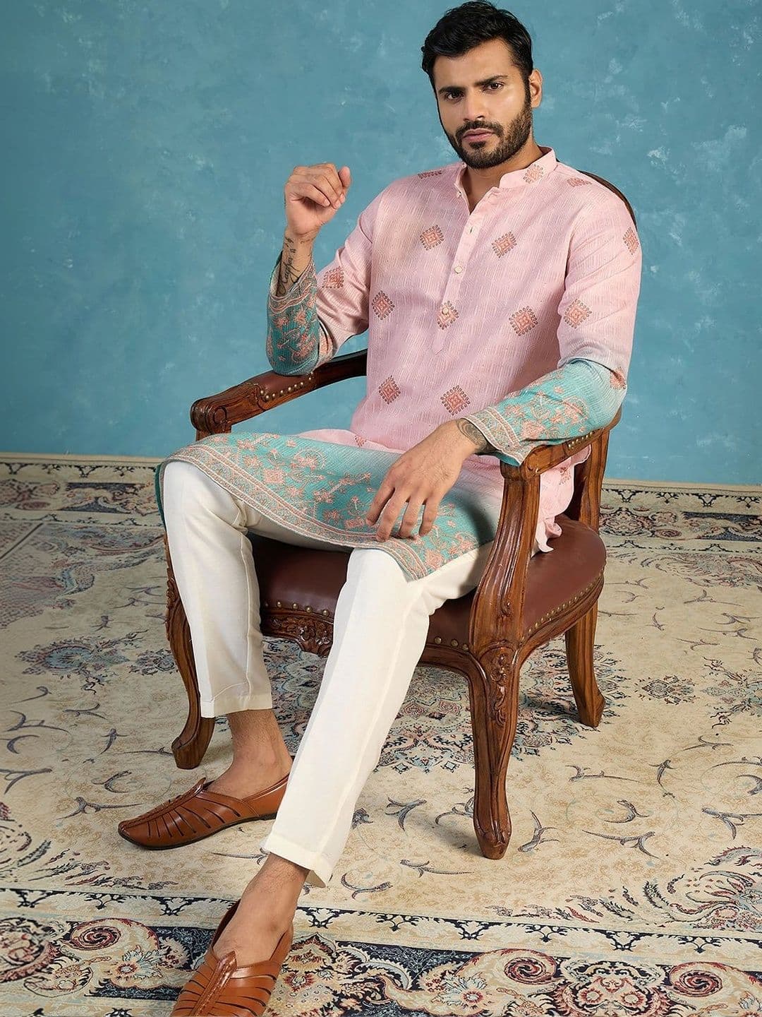 House of Pataudi Floral Woven Design Mandarin Collar Straight Kurta thumbnail 4