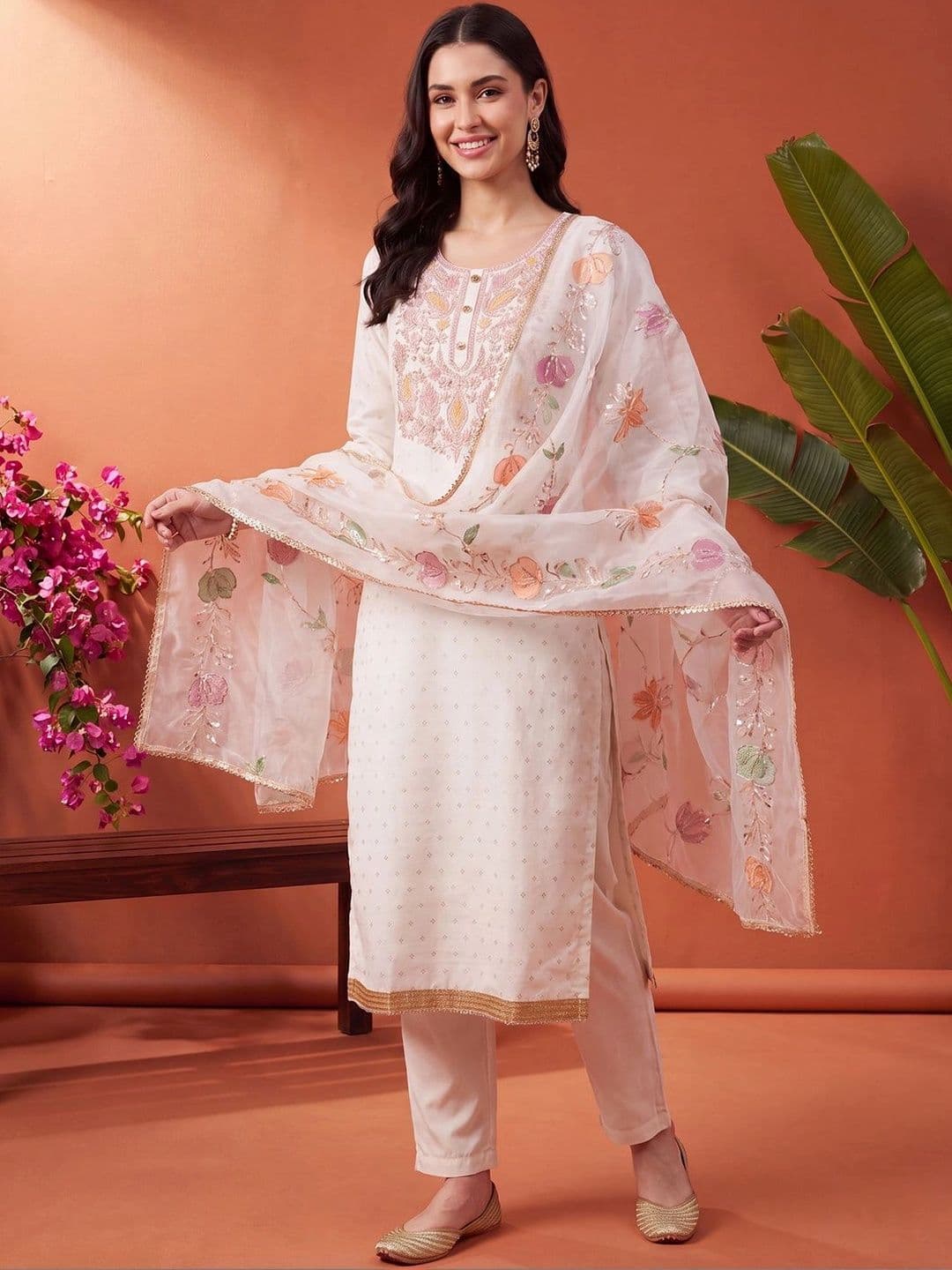 Indo Era Women Ethnic Motifs Embroidered Regular Thread Work Kurta with Trousers & With Dupatta - view 1