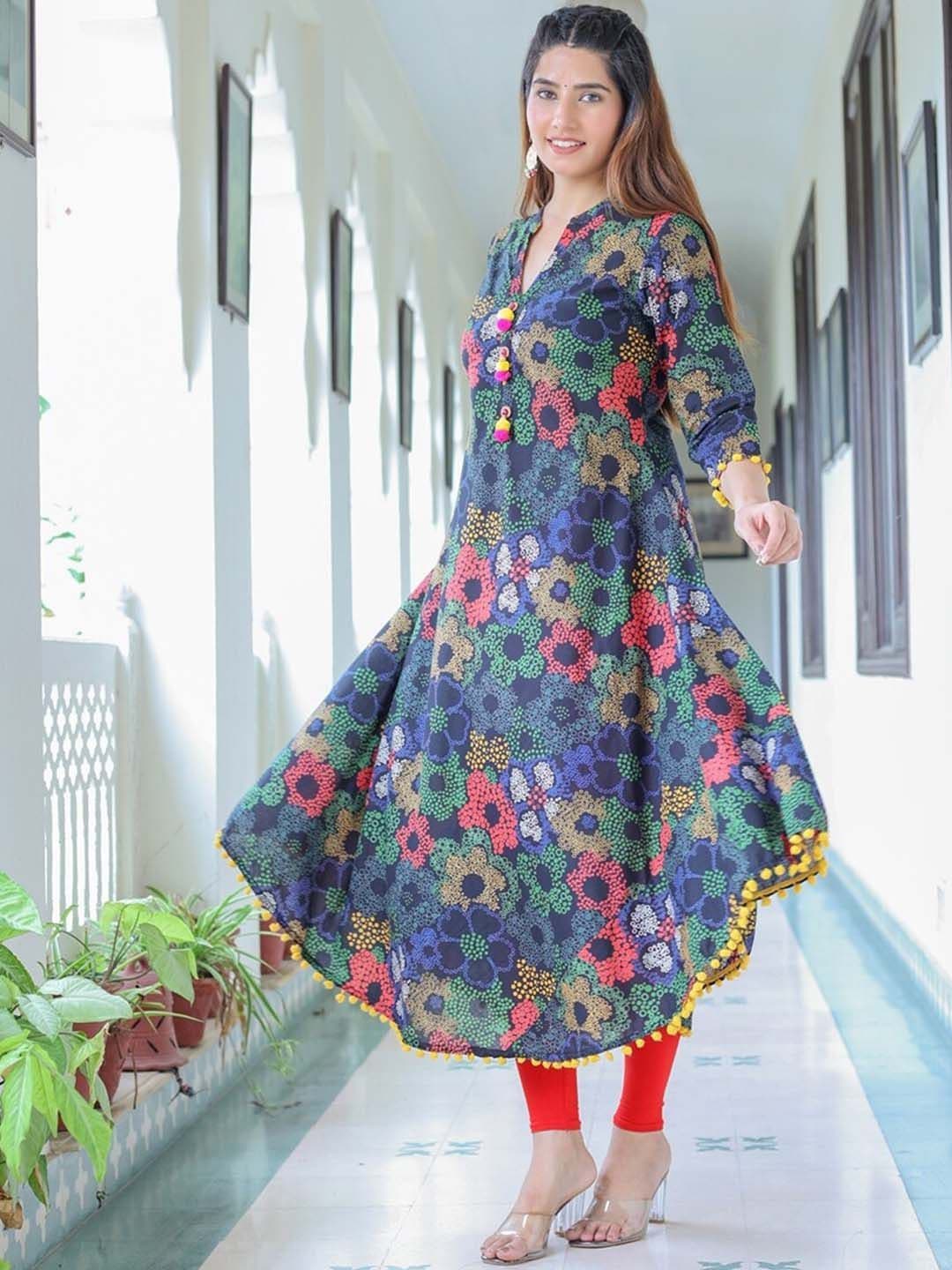 KALINI Floral Printed Mandarin Collar Cotton Pleated Anarkali Kurta thumbnail 2