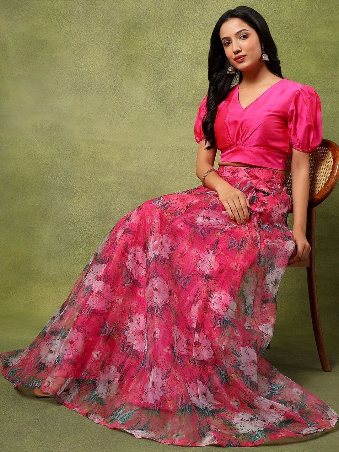 Frolic Rolic Silk V Neck Blouse & Floral Print Organza Maxi Skirt Set thumbnail 4