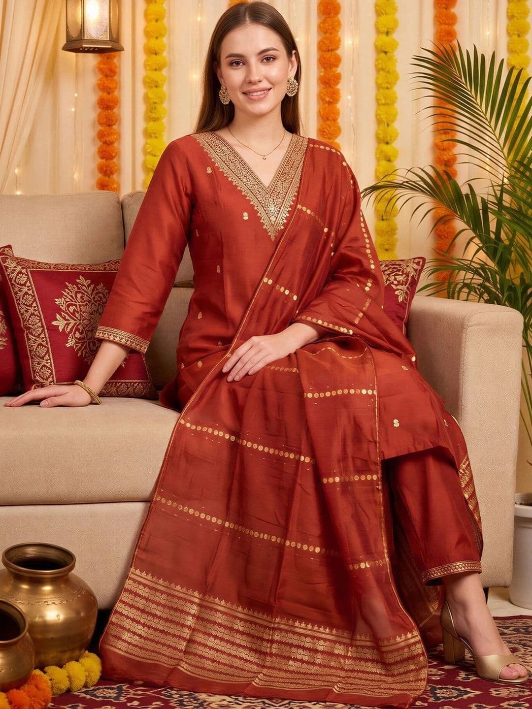 Indo Era Women Ethnic Motifs Embroidered Regular Kurta with Trousers & With Dupatta thumbnail 3