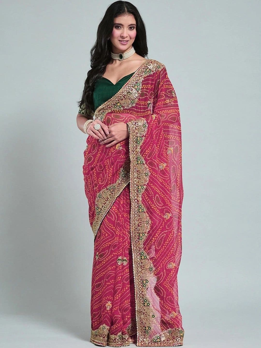 SAMANTHA Women Bandhani Embroidered Poly Georgette Bandhani Saree - view 1
