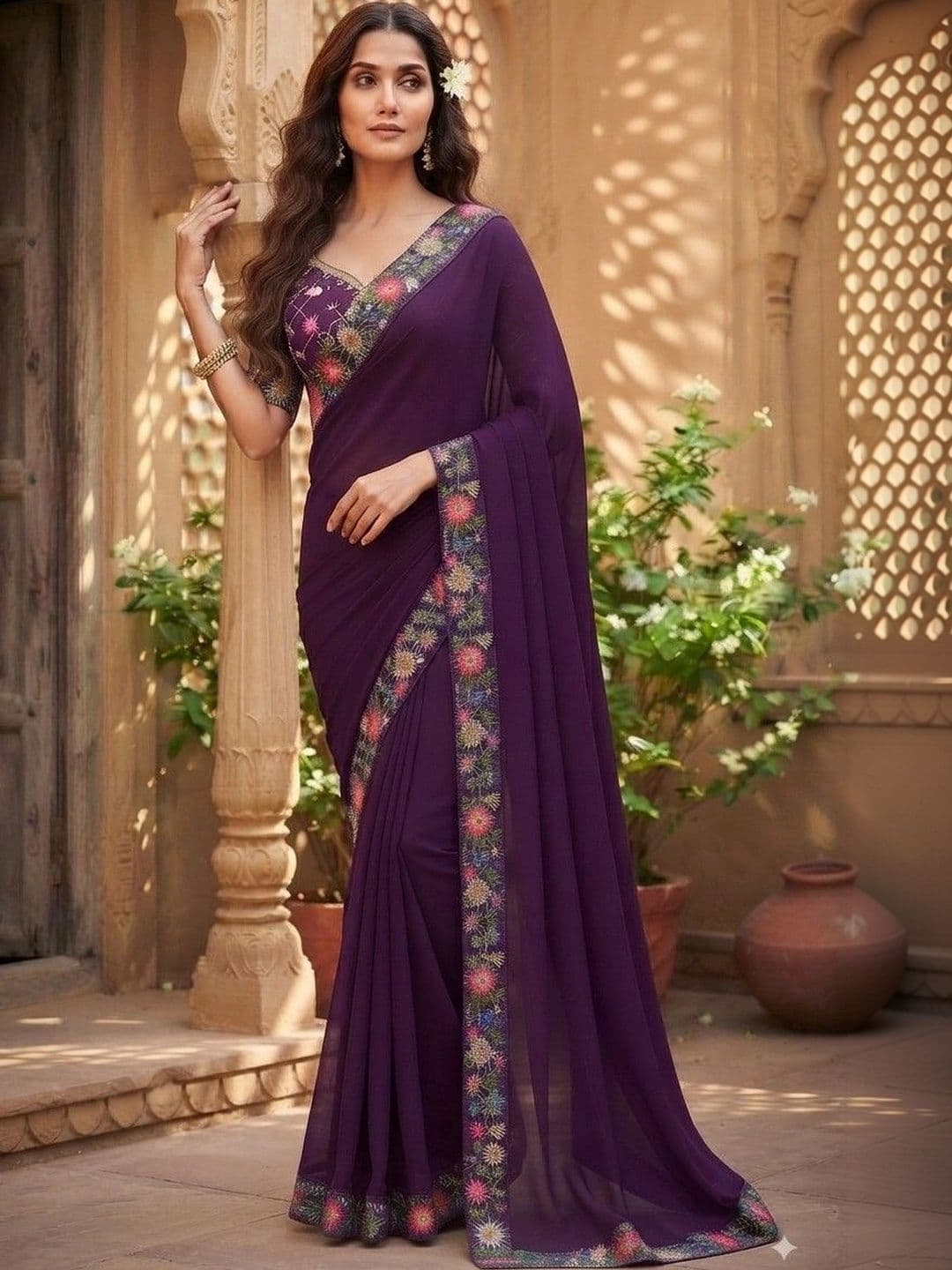 SmileyFashion Floral Embroidered Art Silk Saree thumbnail 2