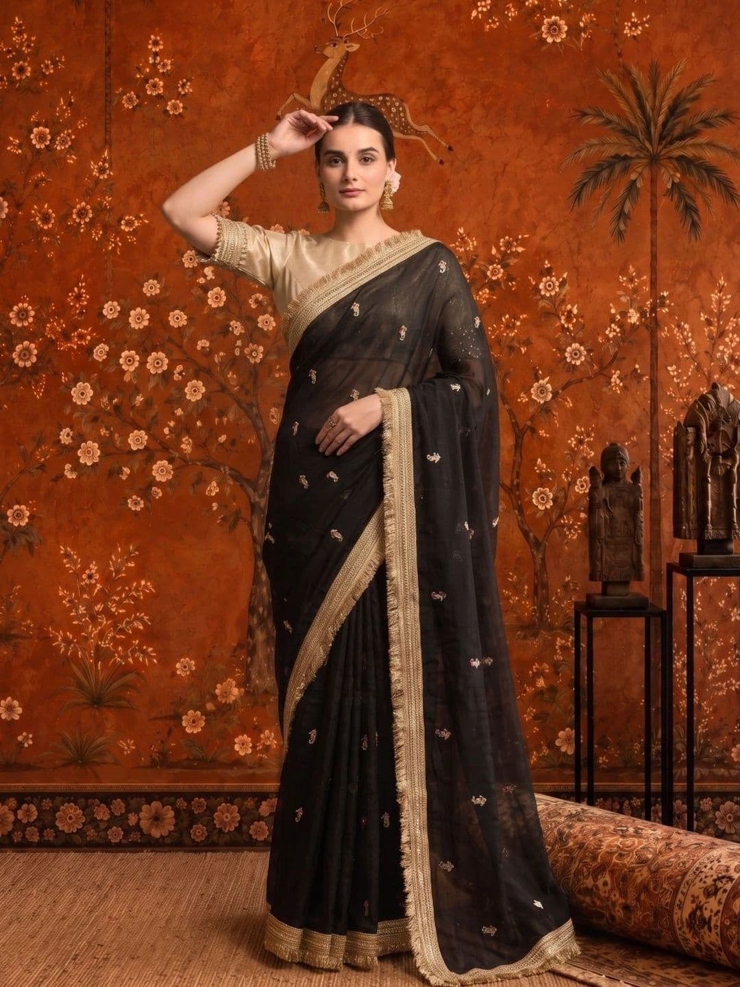 Sangria Embellished Embroidered Satin Saree thumbnail 5