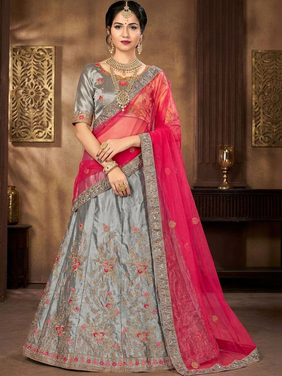 Mitera Embroidered Thread Work Semi-Stitched Lehenga & Unstitched Blouse With Dupatta - view 1