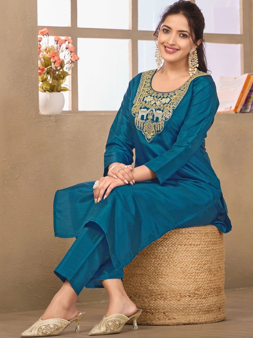 Sangria Floral Embroidered Tunic with Trousers thumbnail 7