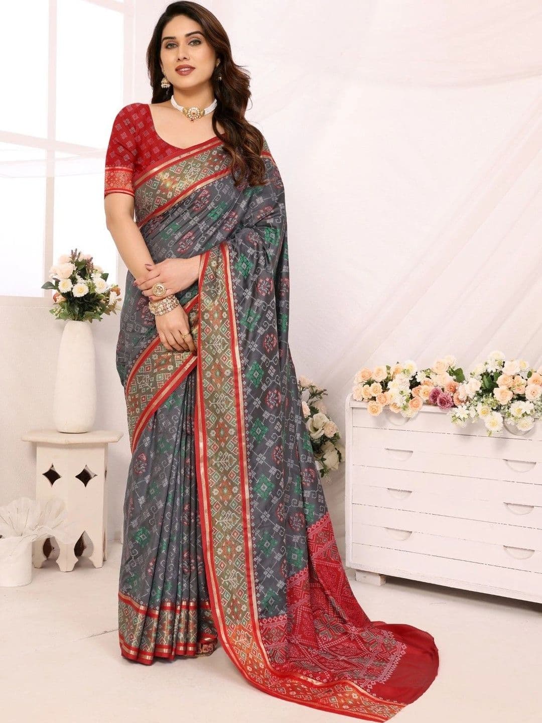 Sangria Women Ajrak Block Woven Design Saree - view 1