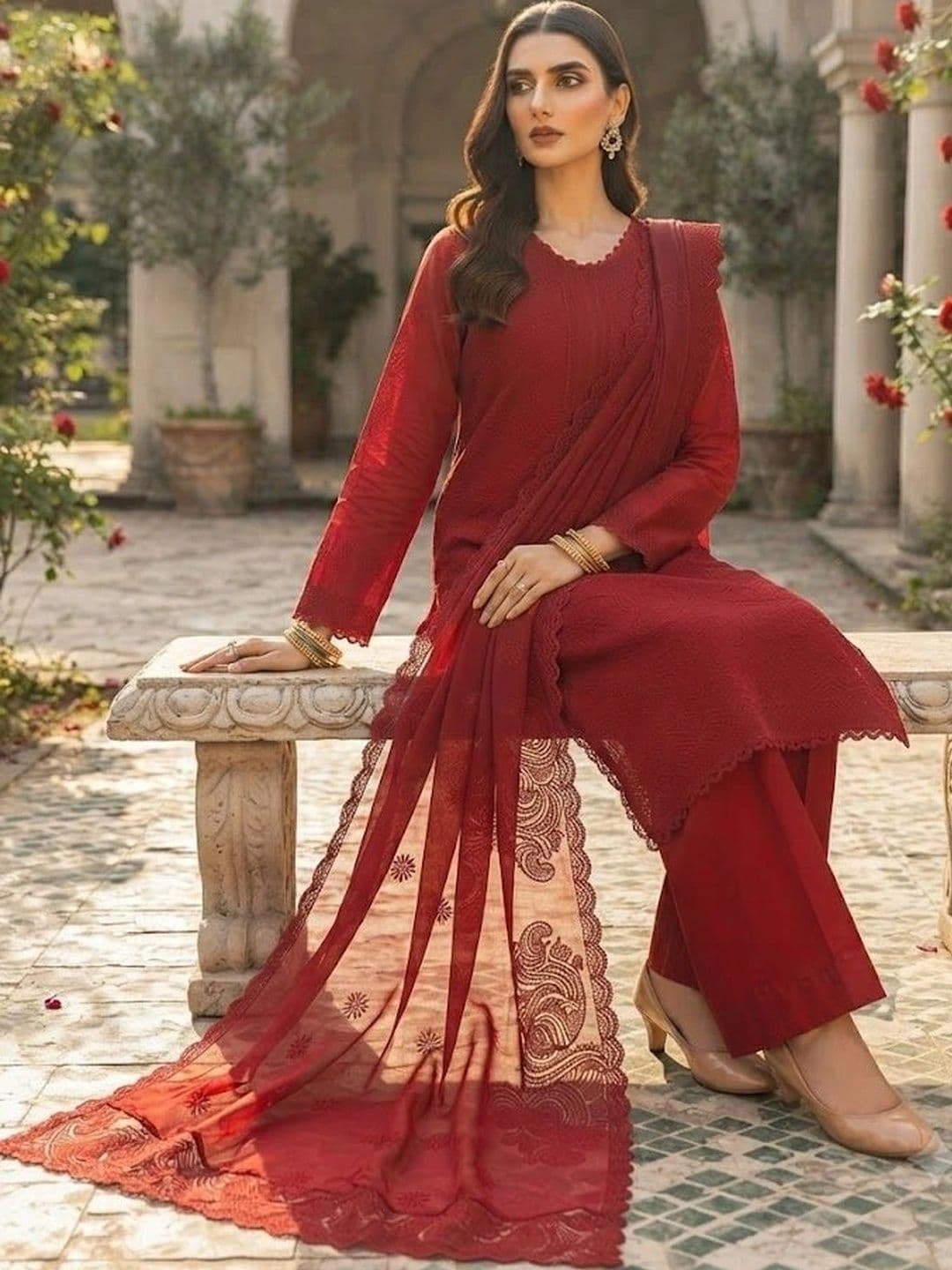 VASTRYN Women Ethnic Embroidered Regular Chikankari Kurta with Palazzos & With Dupatta thumbnail 3