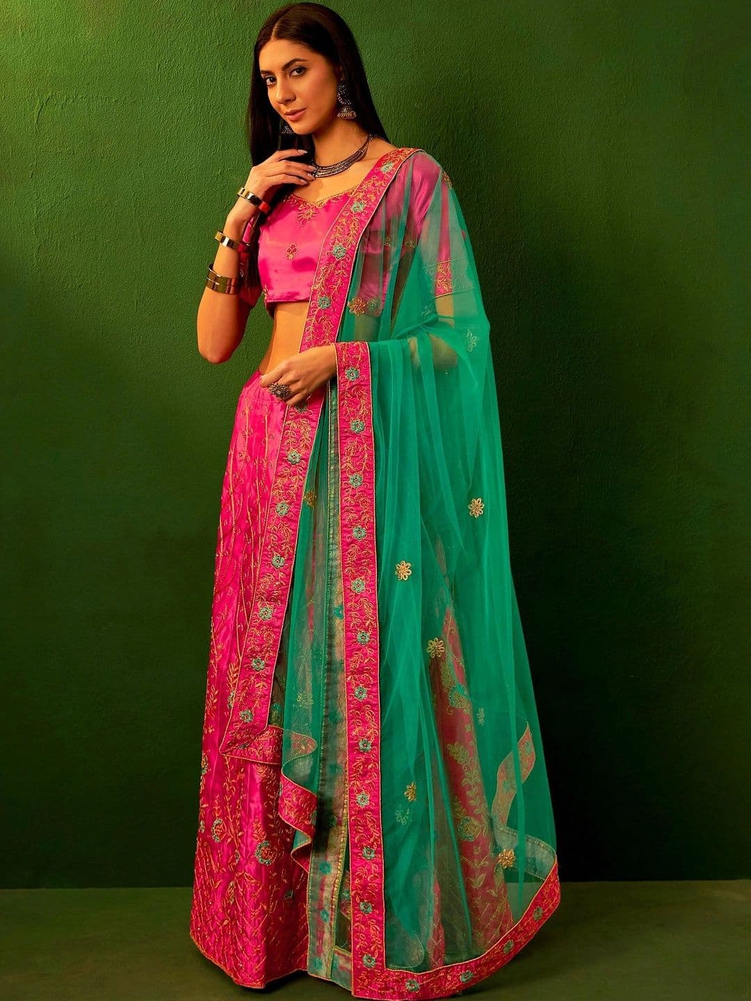 Mitera Embroidered Thread Work Semi-Stitched Lehenga & Unstitched Blouse With Dupatta thumbnail 2