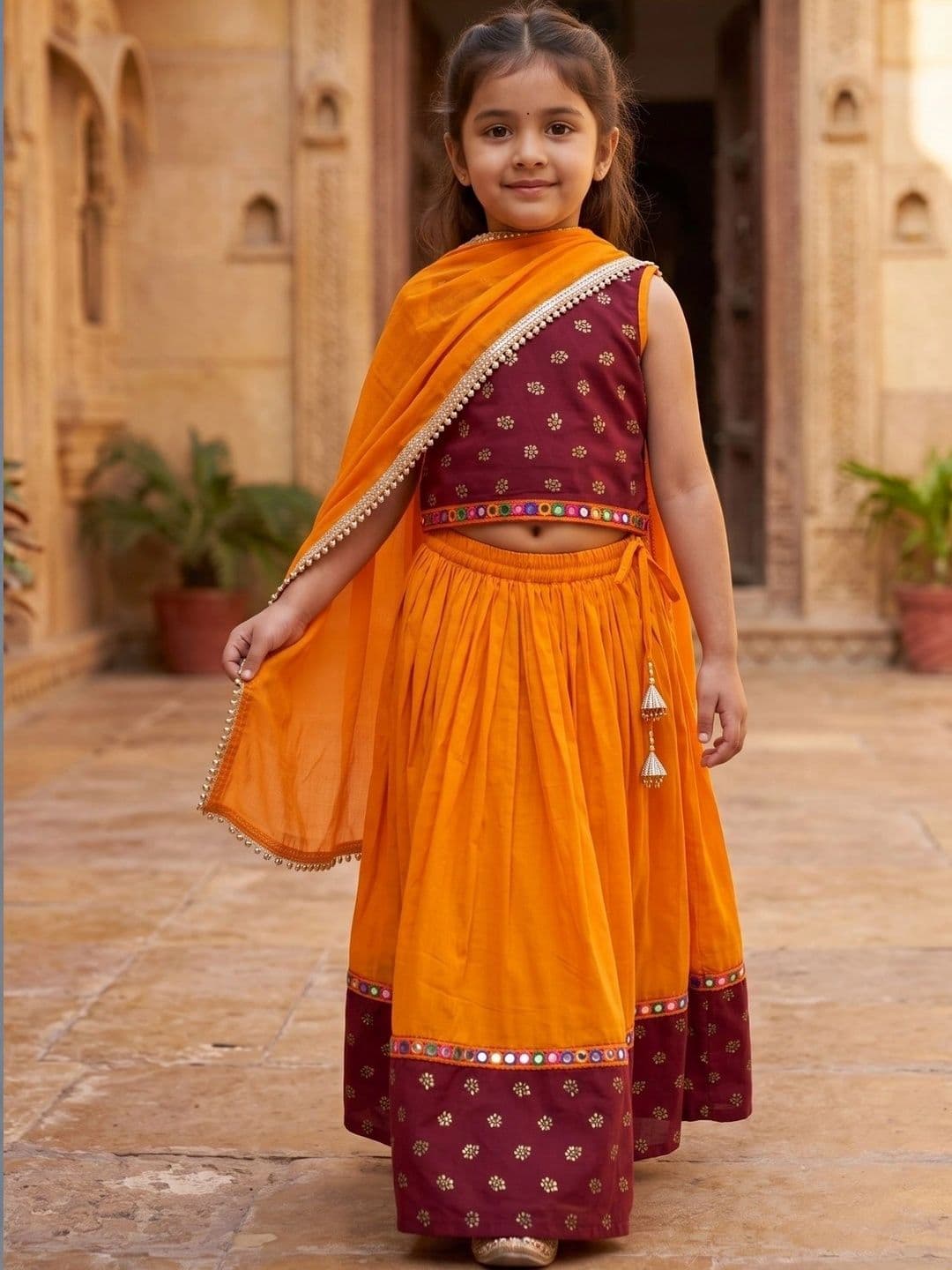 Desi Soota Girls Embellished Mirror Work Ready to Wear Lehenga & Blouse With Dupatta thumbnail 6