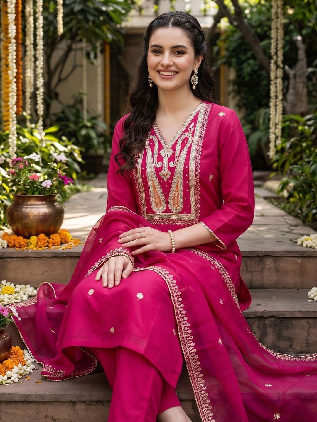 Indo Era Women Ethnic Motifs Embroidered Regular Thread Work Liva Kurta with Trousers & With Dupatta thumbnail 3