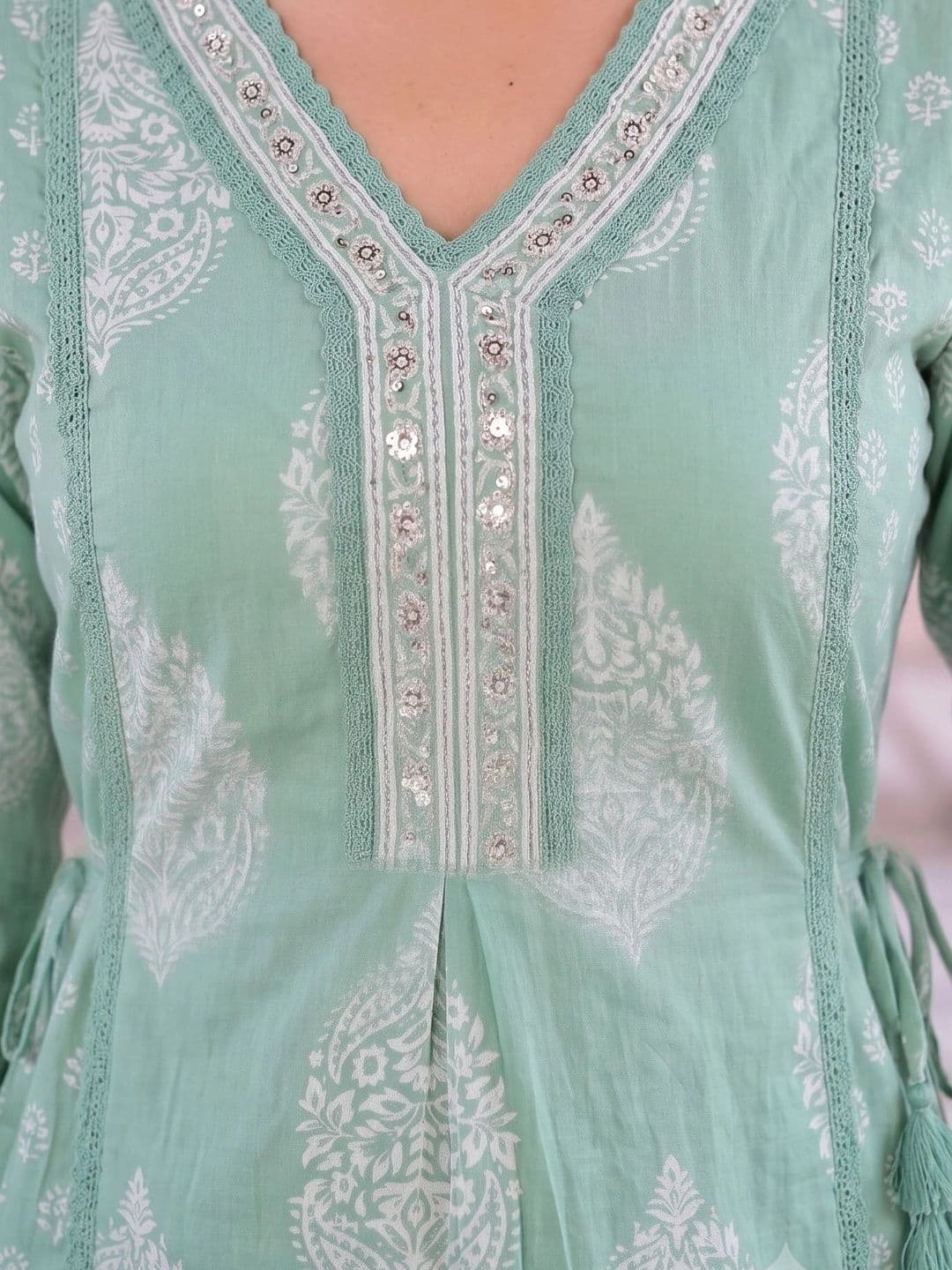 KALINI Women Ethnic Motifs Printed Angrakha Sequinned Pure Cotton Kurta with Trousers & With Dupatta thumbnail 6