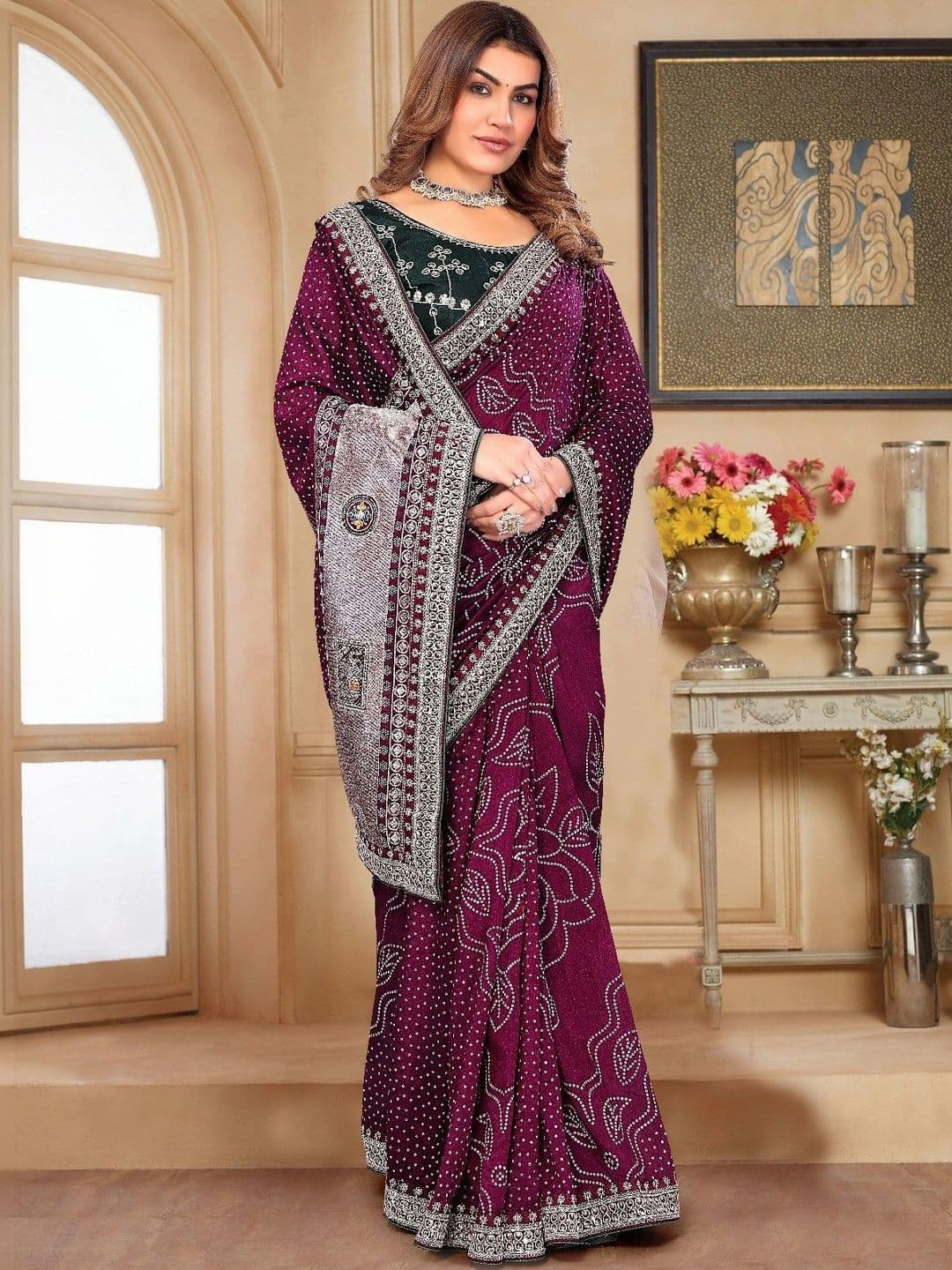 SmileyFashion Bandhani Embroidered Art Silk Designer Saree thumbnail 4
