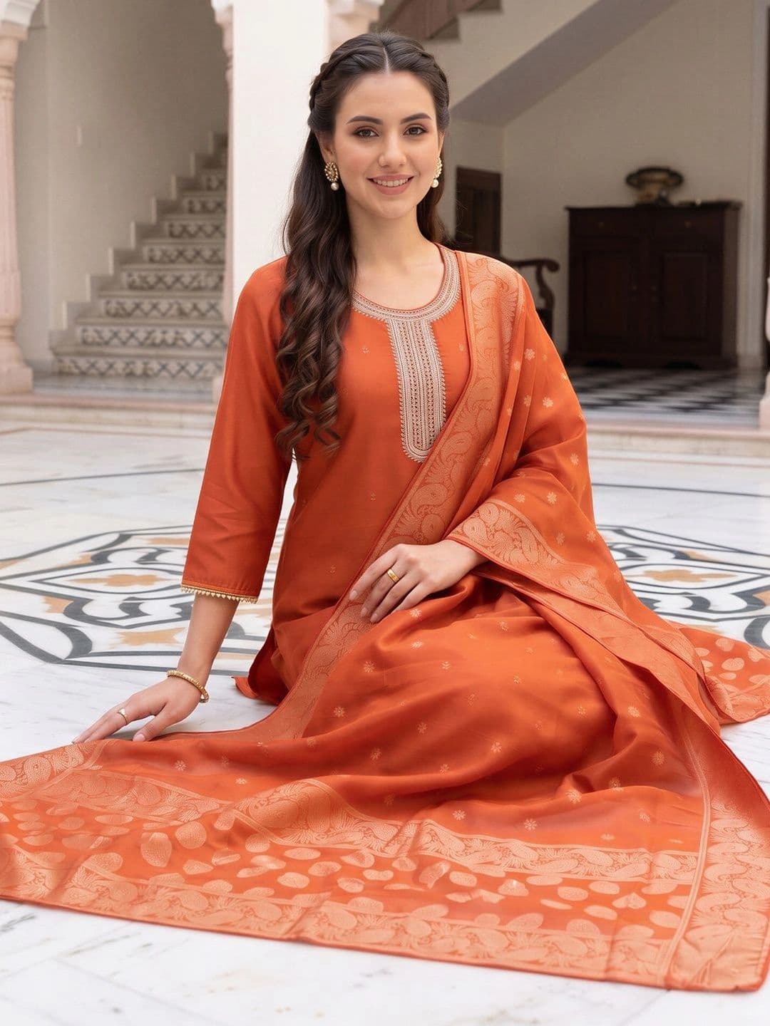 Indo Era Women Ethnic Motifs Embroidered Regular Thread Work Kurta with Trousers & With Dupatta thumbnail 6
