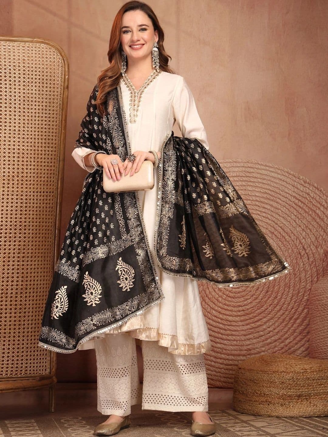 Clora Creation Ethnic Motifs Printed Foil Print Dupatta with Mirror Work thumbnail 6