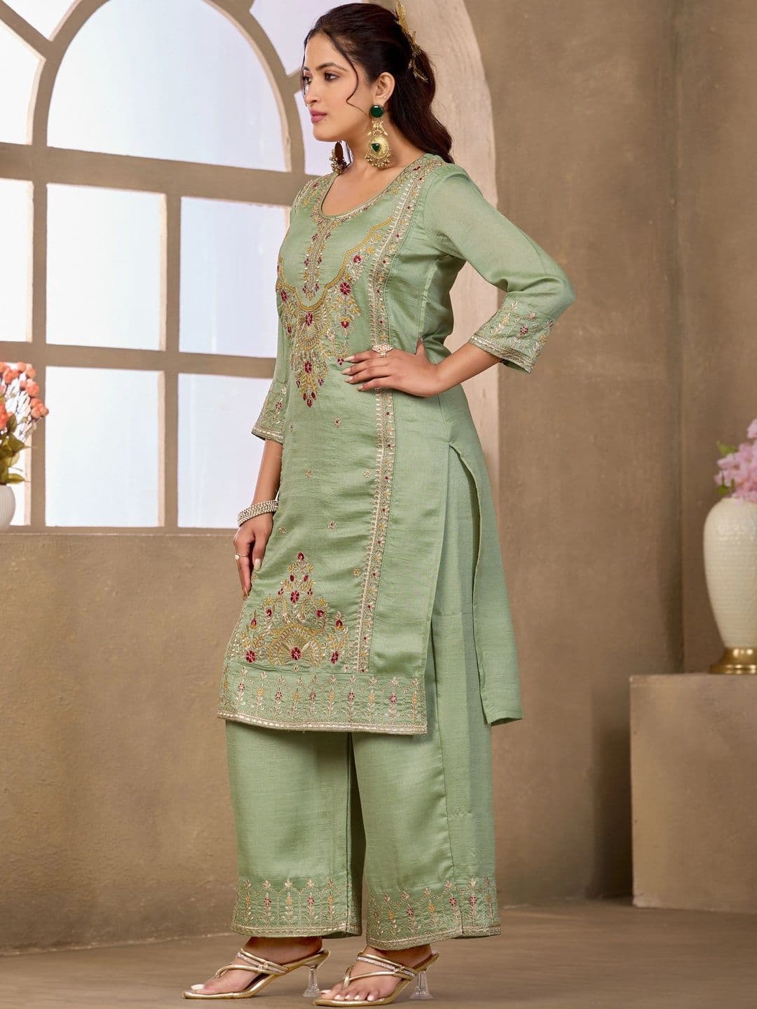 Sangria Embroidered Tunic with Palazzos thumbnail 2