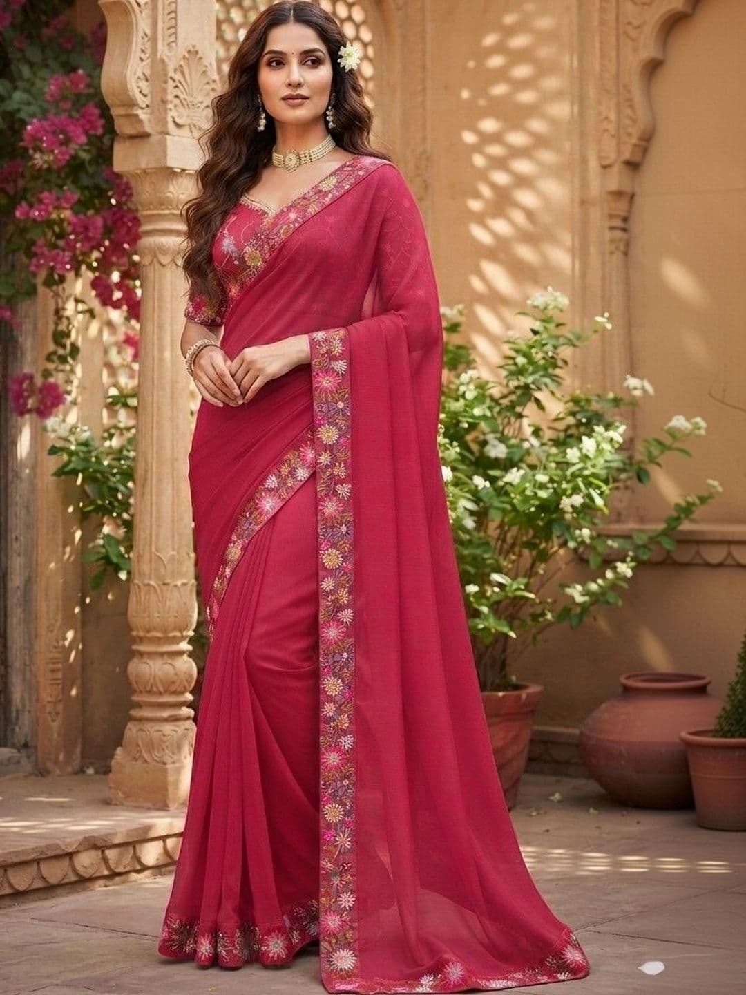 SmileyFashion Floral Embroidered Art Silk Saree - view 1