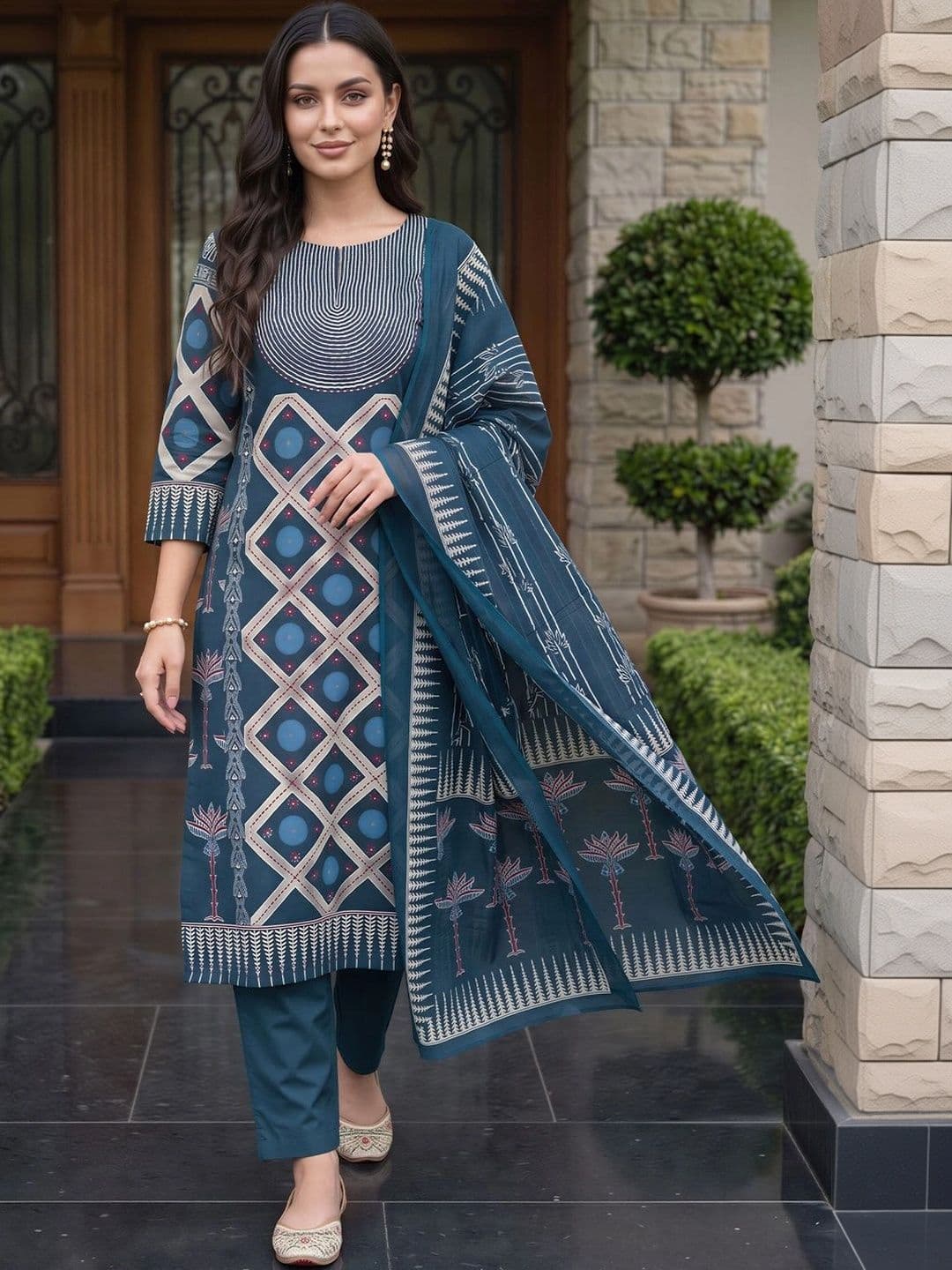 Indo Era Women Printed Regular Pure Cotton Kurta with Trousers & With Dupatta - view 1