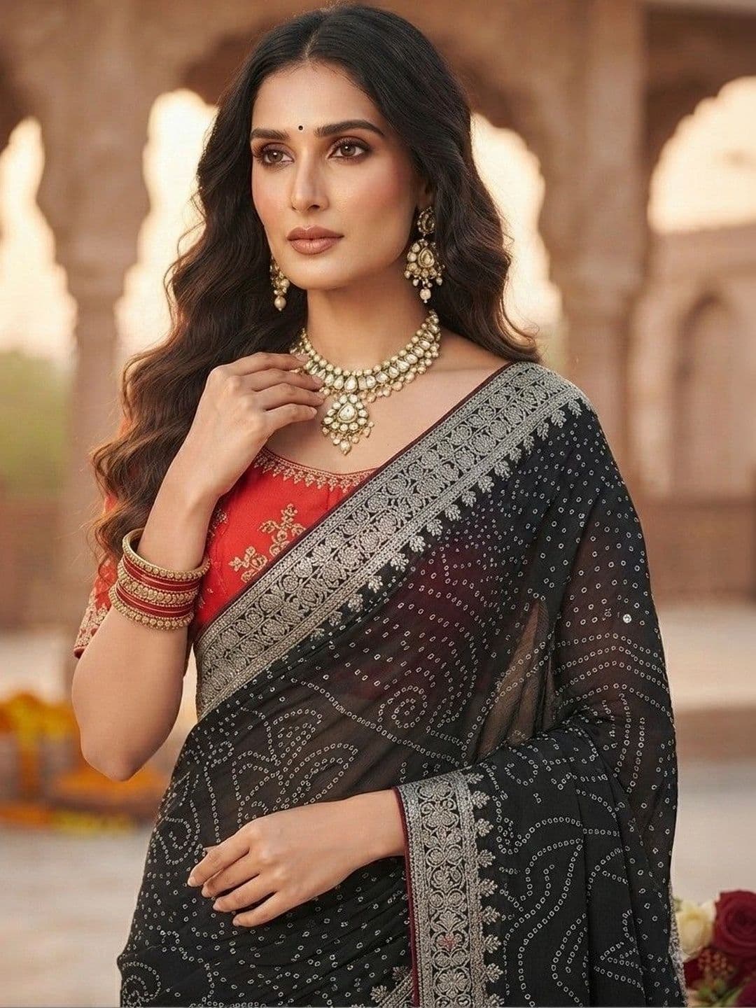 SmileyFashion Bandhani Embroidered Art Silk Designer Saree thumbnail 3