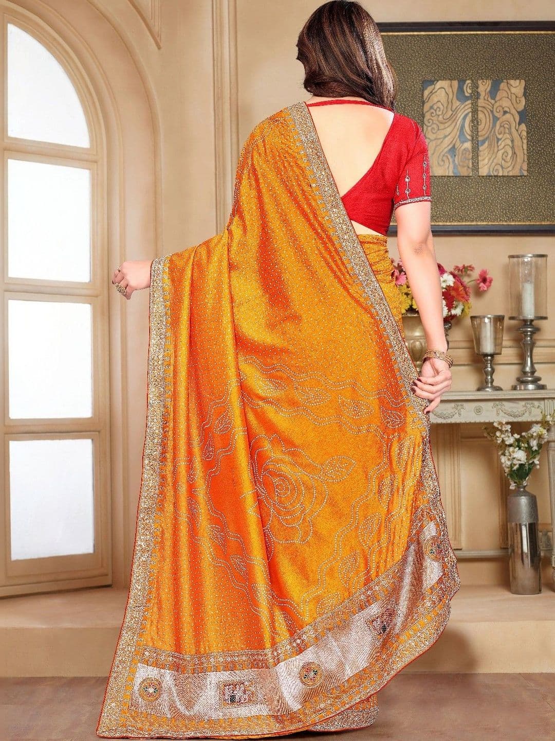 SmileyFashion Bandhani Embroidered Art Silk Designer Saree thumbnail 2