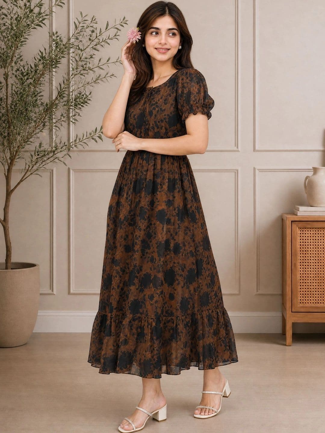 QENA Floral Print Puff Sleeve Georgette A-Line Maxi Dress thumbnail 5
