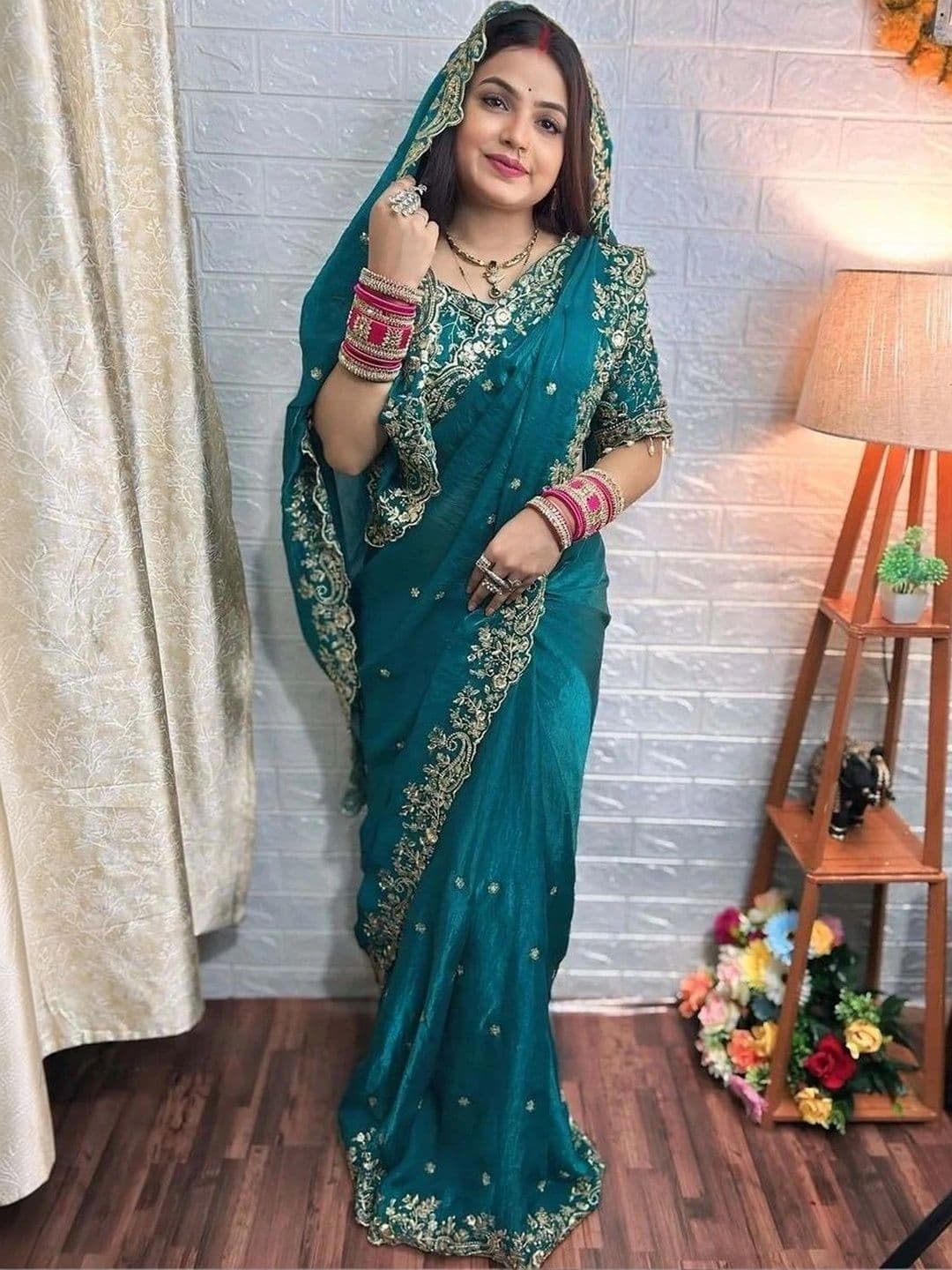 kantuba Floral Embroidered Satin Banarasi Saree - view 1