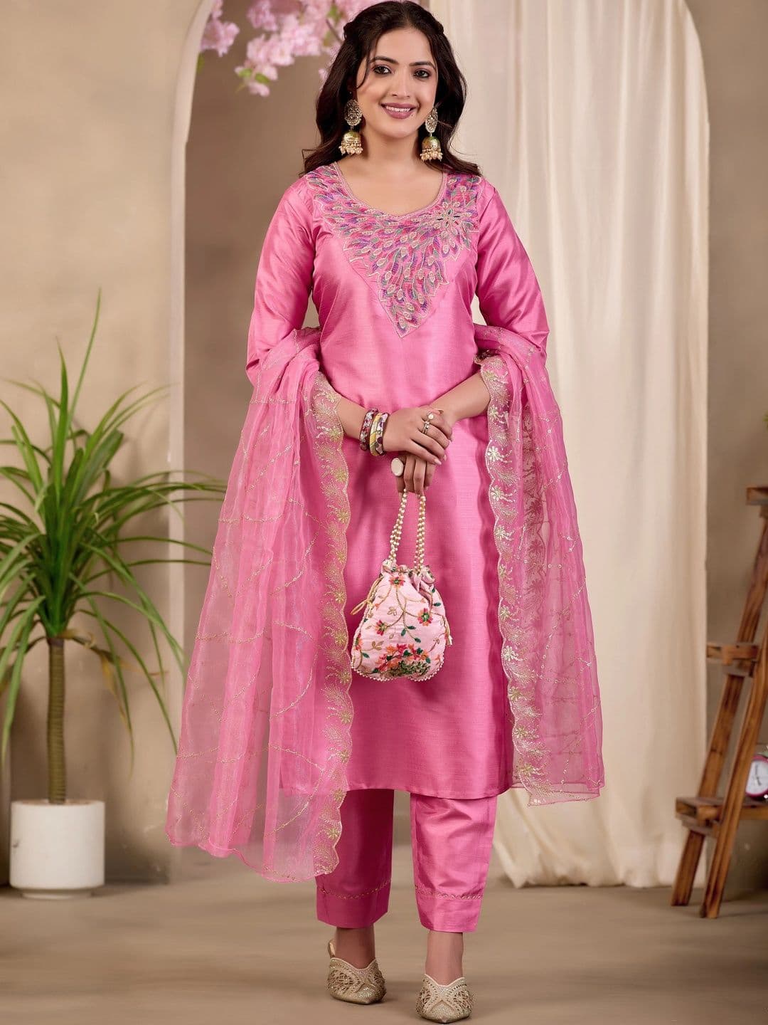 Sangria Women Ethnic Motifs Embroidered Regular Thread Work Kurta with Trousers & With Dupatta - view 1