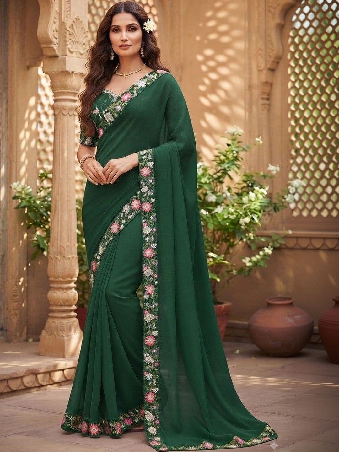 SmileyFashion Floral Art Silk Saree thumbnail 4