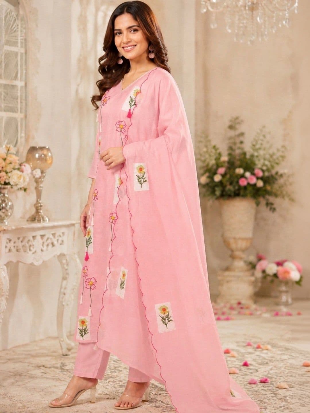 ESHMYRA Women Floral Embroidered Regular Thread Work Chanderi Silk Kurta with Trousers & With Dupatta thumbnail 5