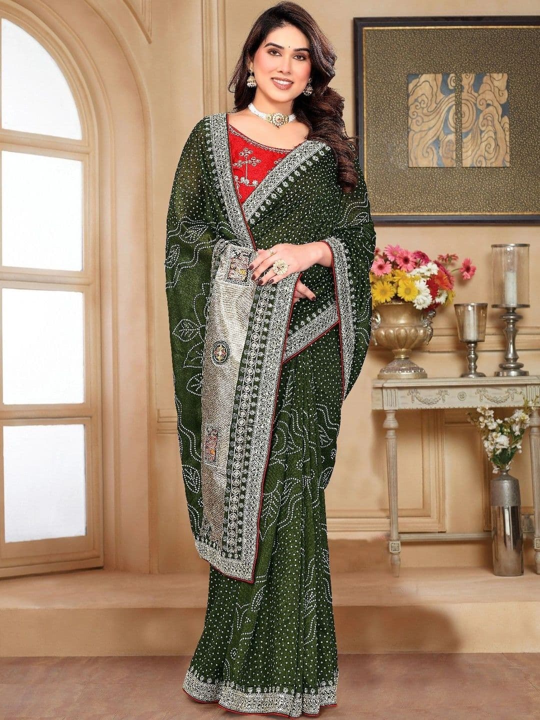 SmileyFashion Bandhani Embroidered Art Silk Designer Saree thumbnail 3