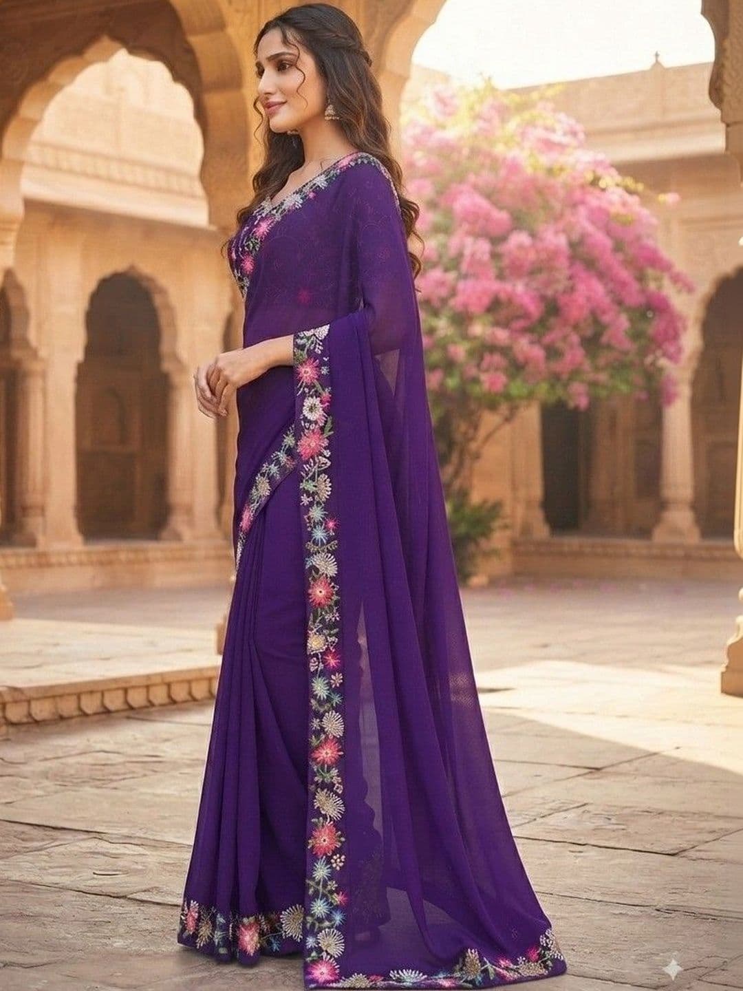 SmileyFashion Floral Embroidered Art Silk Saree thumbnail 4