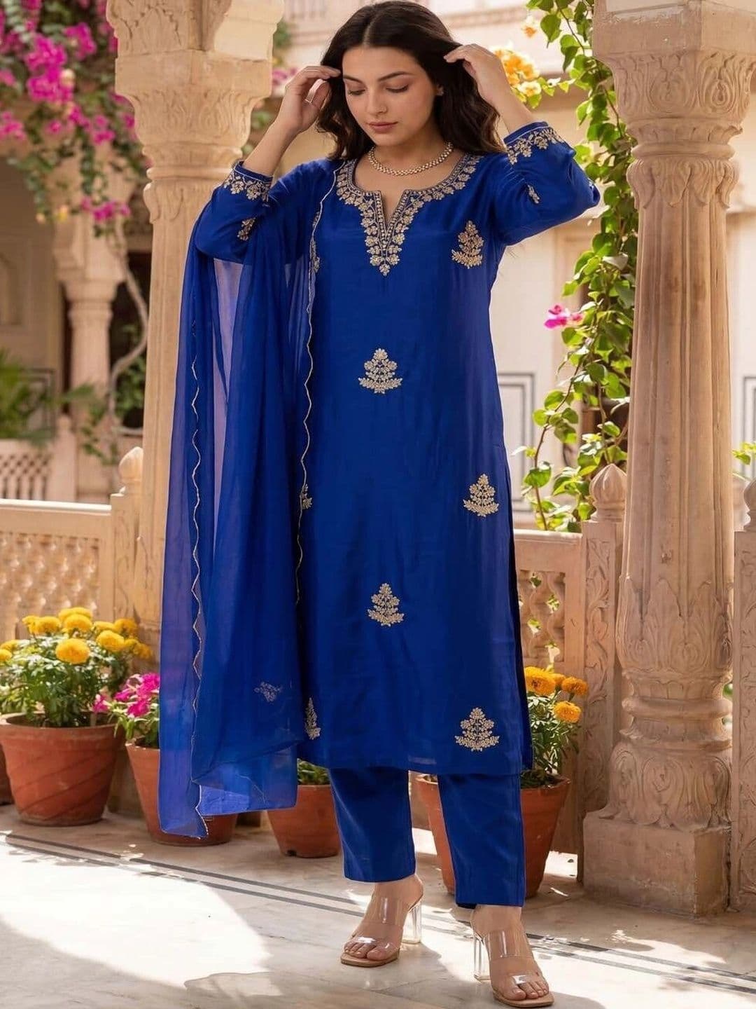 KALINI Women Ethnic Motifs Embroidered Regular Chanderi Silk Kurta with Trousers & Dupatta - view 1