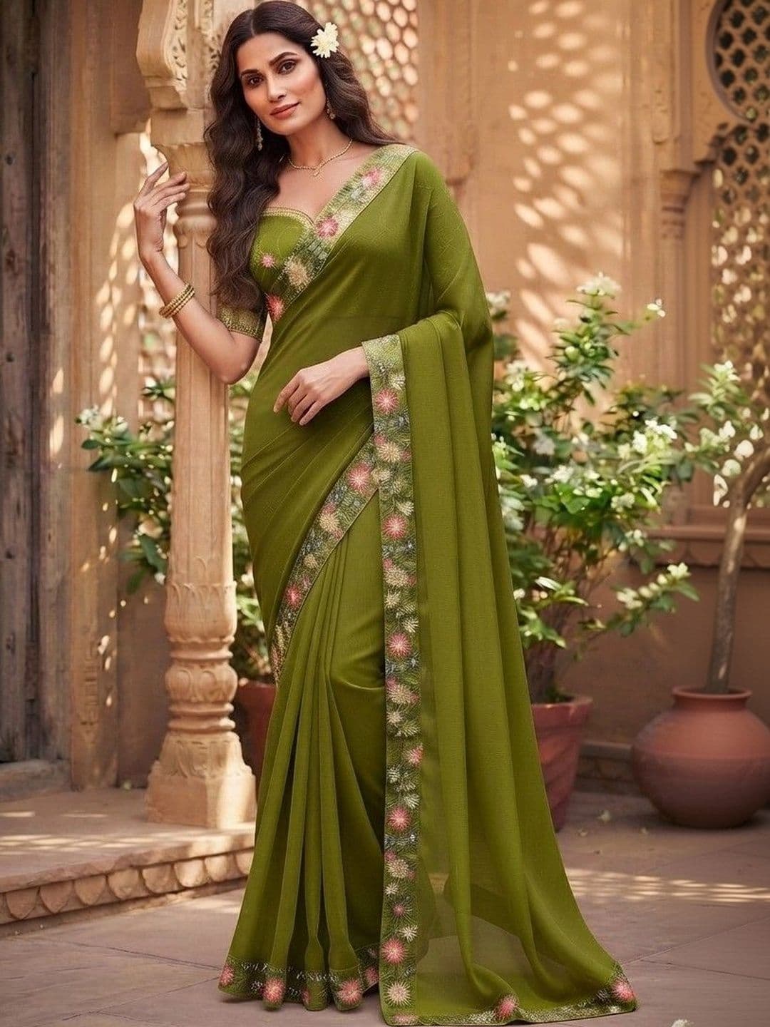 SmileyFashion Floral Embroidered Art Silk Saree thumbnail 4