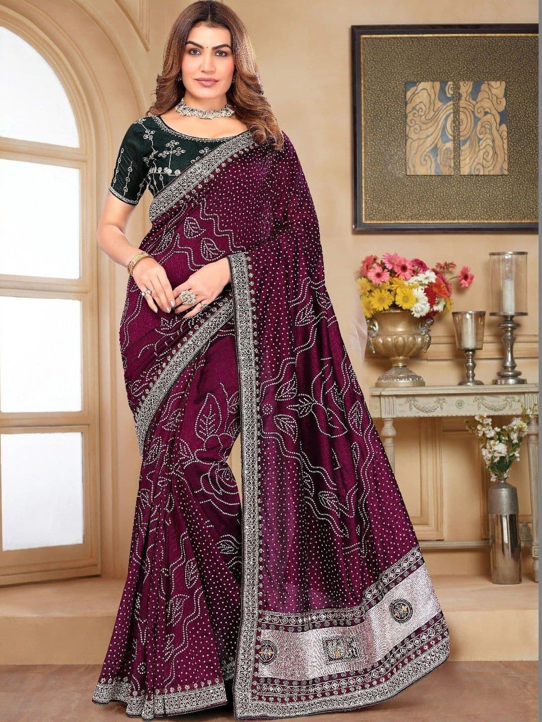 SmileyFashion Bandhani Embroidered Art Silk Designer Saree thumbnail 2