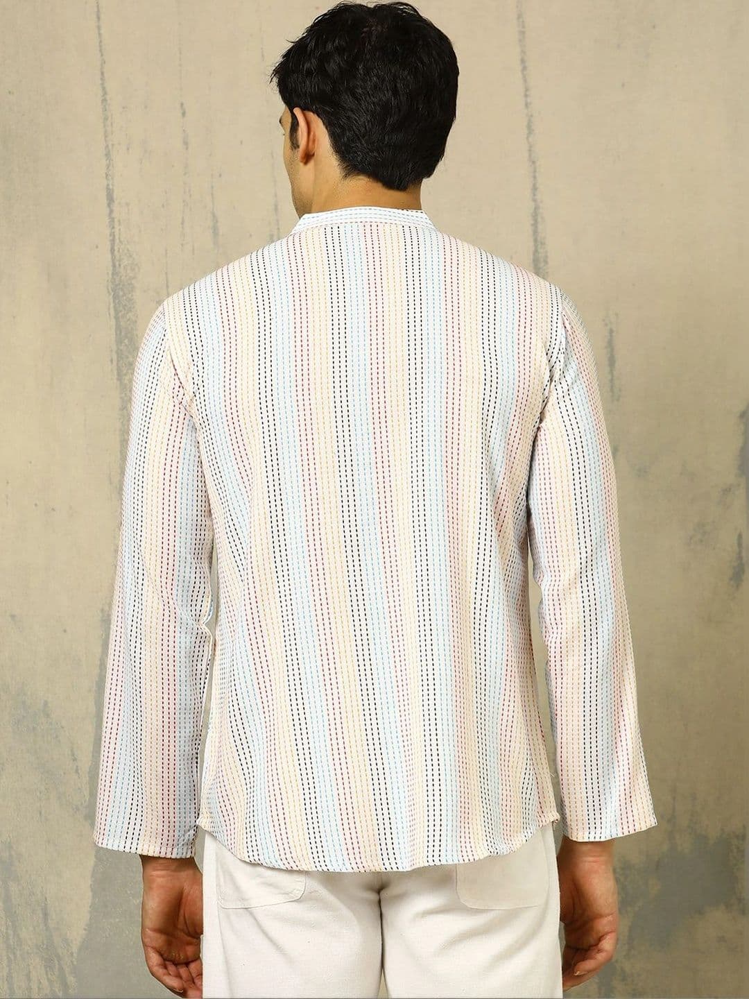 Anouk Woven Design Striped Cotton Handloom Mandarin Collar Short Kurta thumbnail 7