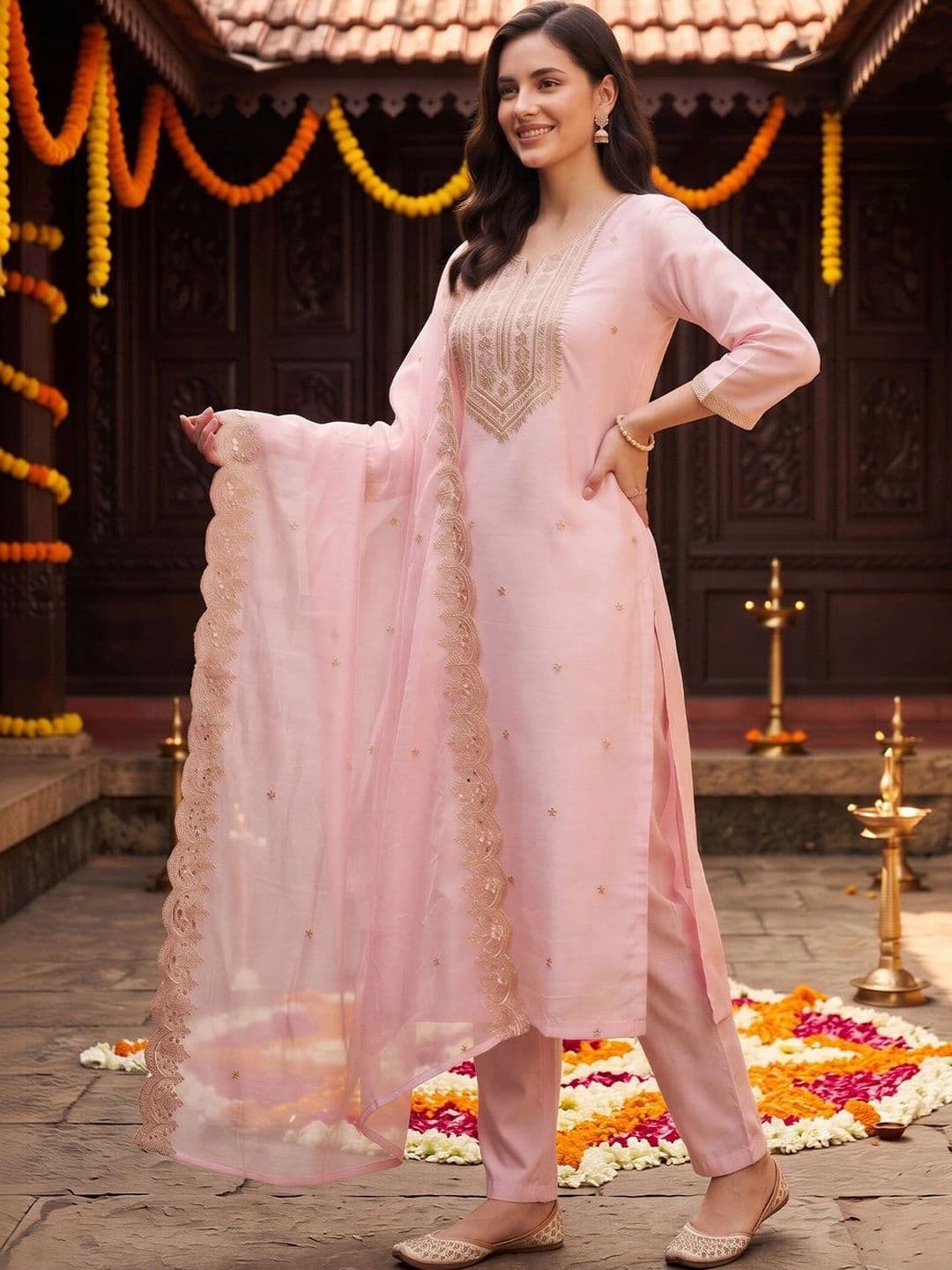Indo Era Women Ethnic Motifs Embroidered Regular Thread Work Kurta with Trousers & With Dupatta thumbnail 5