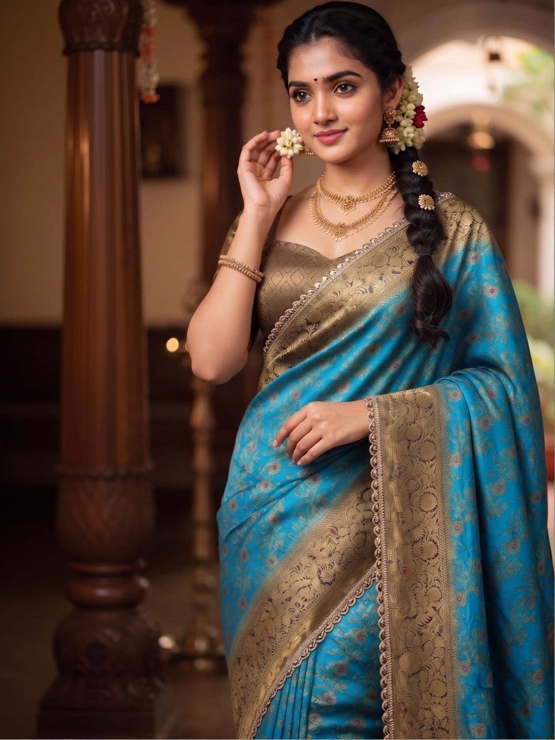VILLE FASHION Floral Woven Design Zari Art Silk Kanjeevaram Saree thumbnail 2